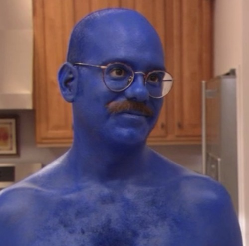 KREA - David cross as Tobias fünke in blue body paint and cutoffs drinking  glitter from a garden hose, highly detailed portrait