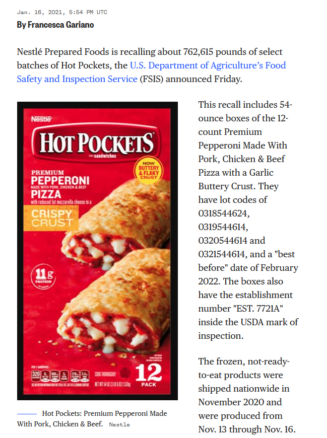 Over 760,000 pounds of Hot Pockets recalled, may contain 'pieces