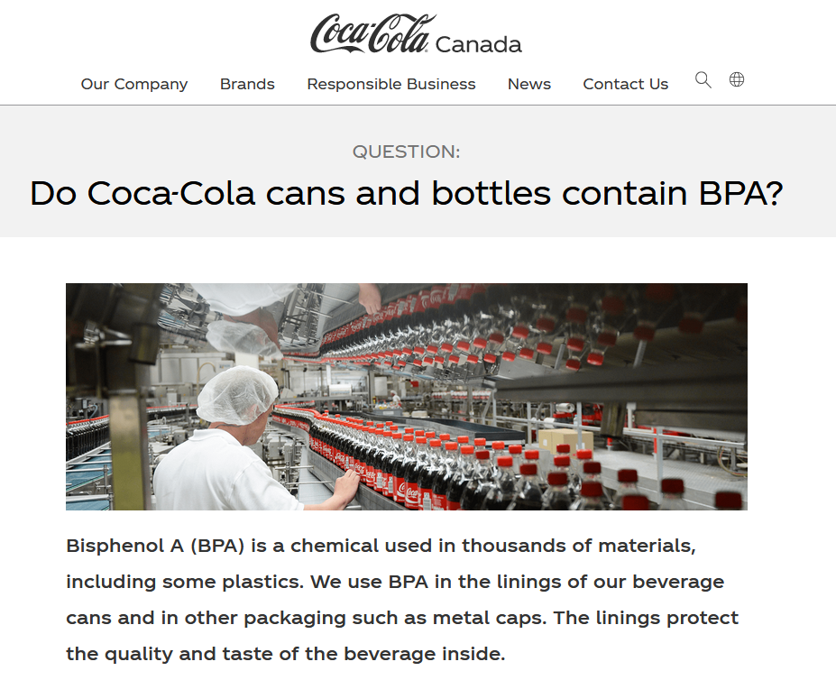 Do Coca-Cola cans and bottles contain BPA?, FAQ