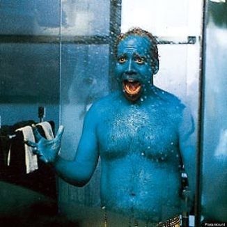 KREA - David cross as Tobias fünke in blue body paint and cutoffs drinking  glitter from a garden hose, highly detailed portrait